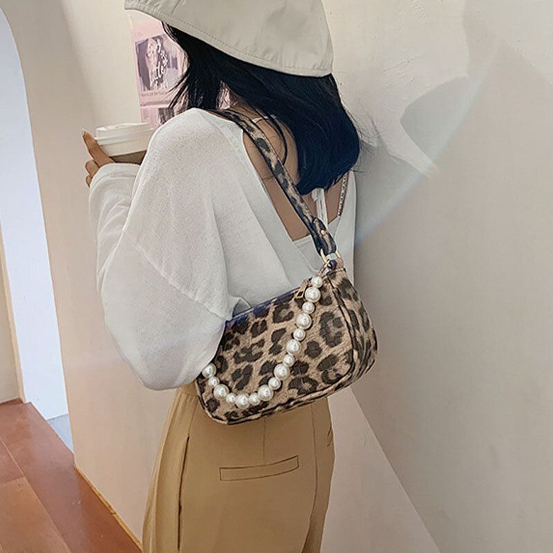 Bolso De Hombro De Perlas Con Estampado De Leopardo De Pu Para Mujer Bolso De Axila