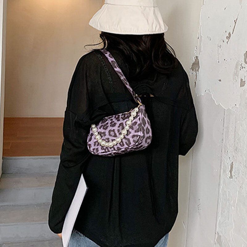 Bolso De Hombro De Perlas Con Estampado De Leopardo De Pu Para Mujer Bolso De Axila