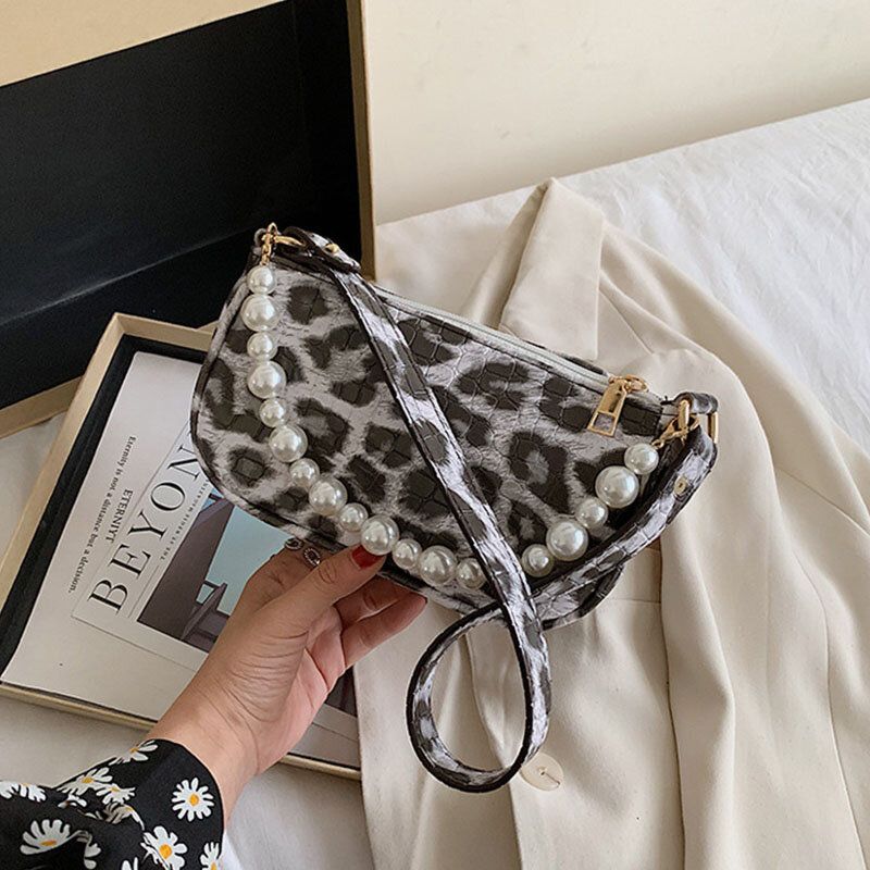 Bolso De Hombro De Perlas Con Estampado De Leopardo De Pu Para Mujer Bolso De Axila