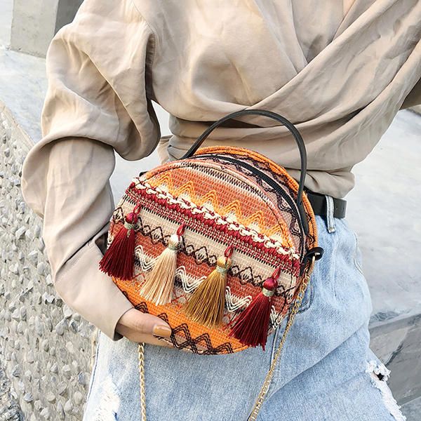 Bolso De Hombro Redondo Con Borla De Estilo Nacional De Poliéster Para Mujer