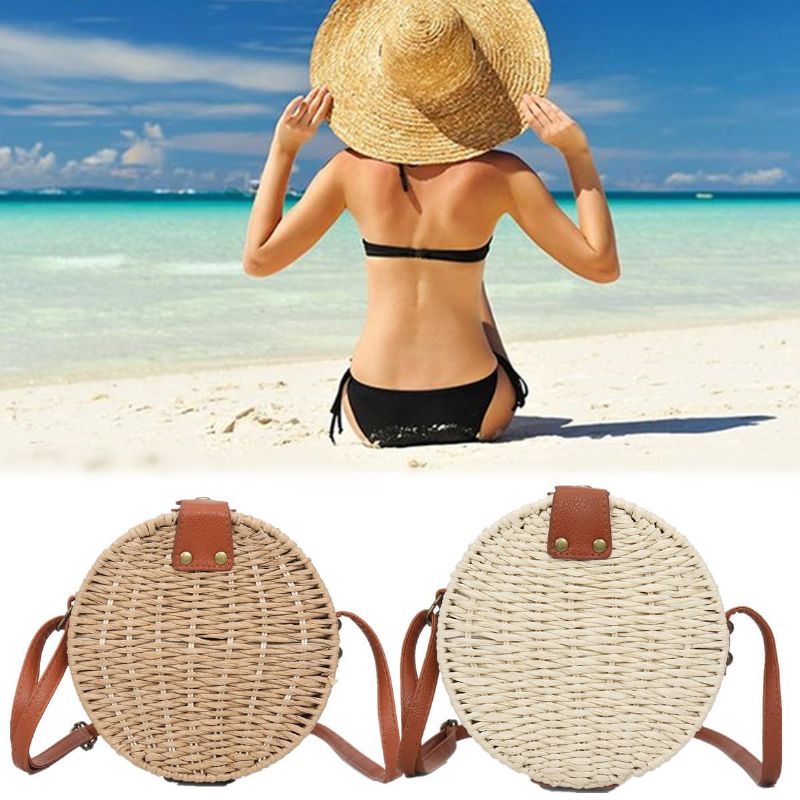 Bolso De Hombro Redondo De Paja De Verano Para Mujer Bolso Bandolera De Playa Tejida Vintage