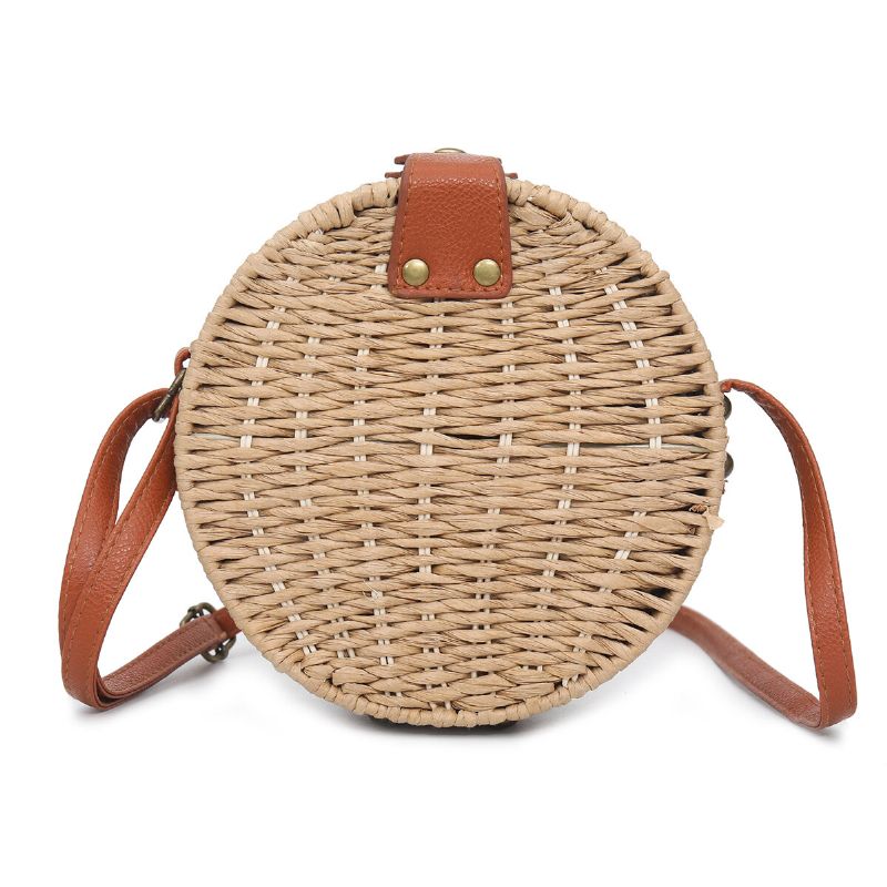 Bolso De Hombro Redondo De Paja De Verano Para Mujer Bolso Bandolera De Playa Tejida Vintage