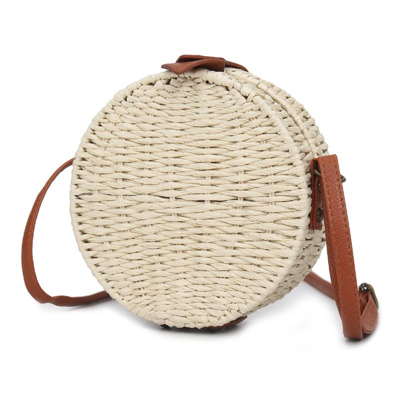 Bolso De Hombro Redondo De Paja De Verano Para Mujer Bolso Bandolera De Playa Tejida Vintage