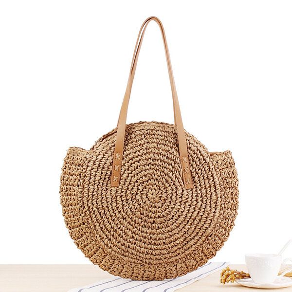 Bolso De Paja Redondo De Ocio Para Mujer Bolso De Playa Tejido Bolso De Hombro