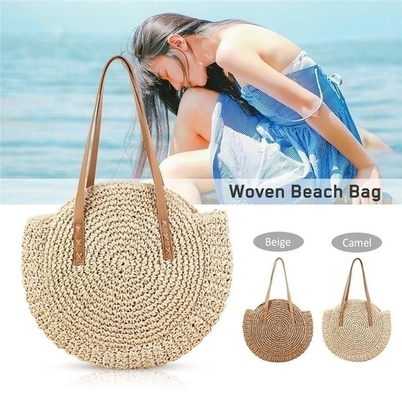 Bolso De Paja Redondo De Ocio Para Mujer Bolso De Playa Tejido Bolso De Hombro