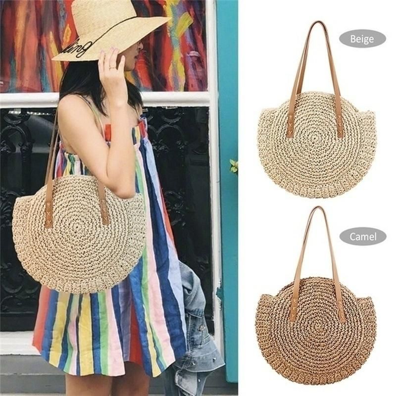 Bolso De Paja Redondo De Ocio Para Mujer Bolso De Playa Tejido Bolso De Hombro