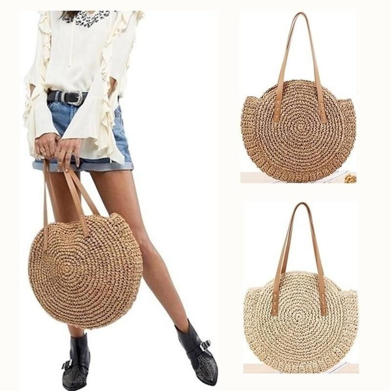 Bolso De Paja Redondo De Ocio Para Mujer Bolso De Playa Tejido Bolso De Hombro