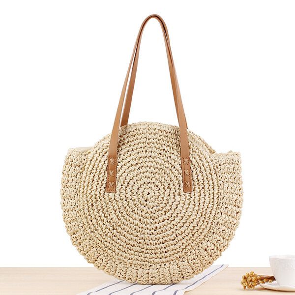 Bolso De Paja Redondo De Ocio Para Mujer Bolso De Playa Tejido Bolso De Hombro