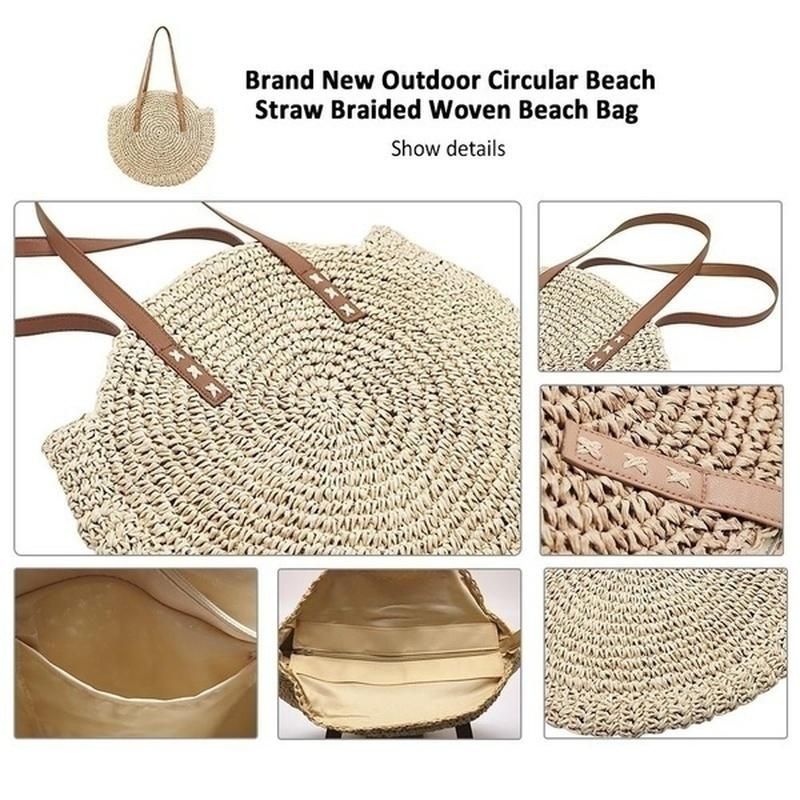 Bolso De Paja Redondo De Ocio Para Mujer Bolso De Playa Tejido Bolso De Hombro