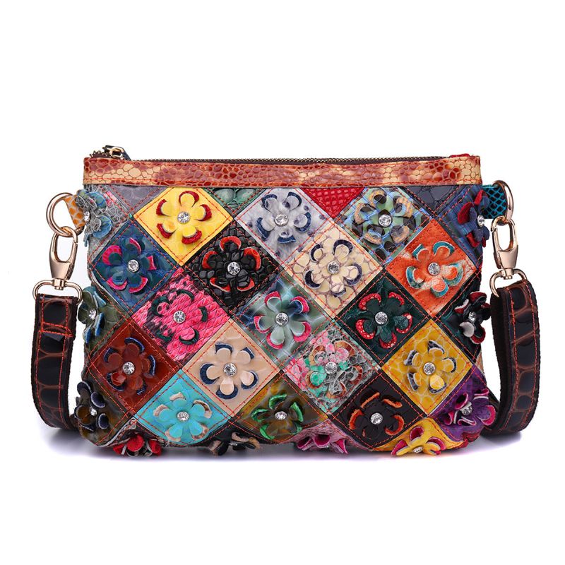 Bolso De Patchwork Decorativo De Flores De Cuero Genuino Para Mujer