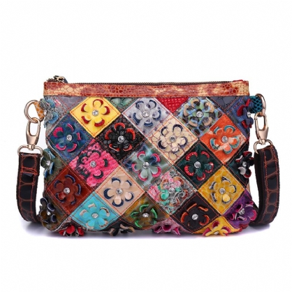 Bolso De Patchwork Decorativo De Flores De Cuero Genuino Para Mujer