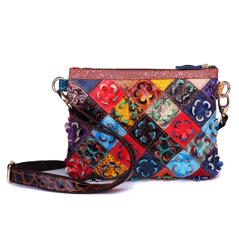 Bolso De Patchwork Decorativo De Flores De Cuero Genuino Para Mujer