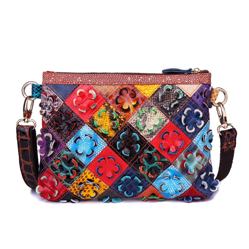 Bolso De Patchwork Decorativo De Flores De Cuero Genuino Para Mujer