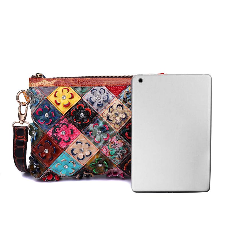 Bolso De Patchwork Decorativo De Flores De Cuero Genuino Para Mujer