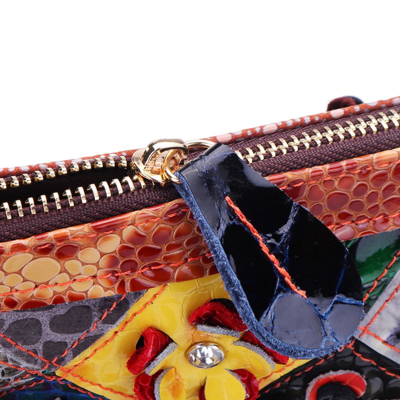 Bolso De Patchwork Decorativo De Flores De Cuero Genuino Para Mujer