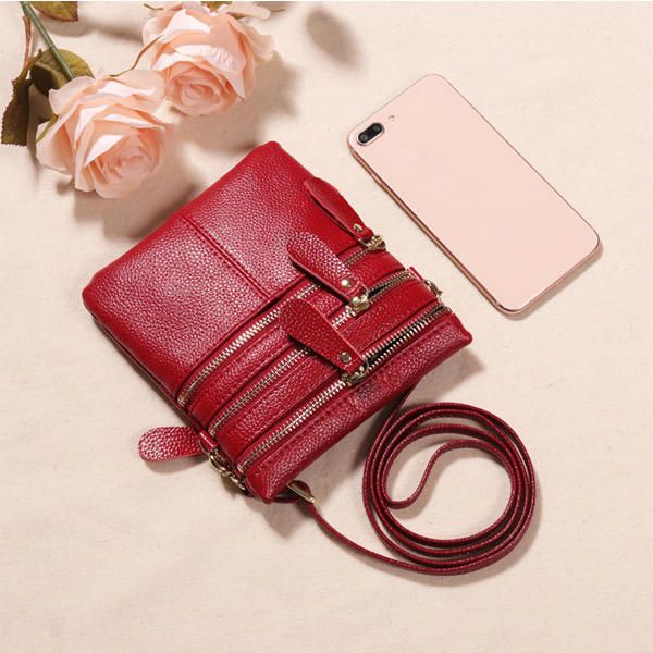 Bolso De Teléfono Multifunción De Cuero Genuino Para Mujer Bolso Bandolera Sólido