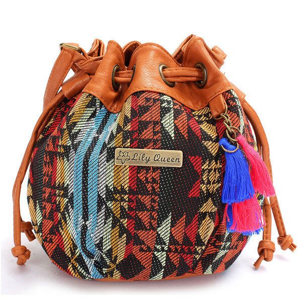 Bolsos De Cubo De Lona De Bohemia Para Mujer Bolsos De Bandolera Con Cordón Bolsos De Hombro