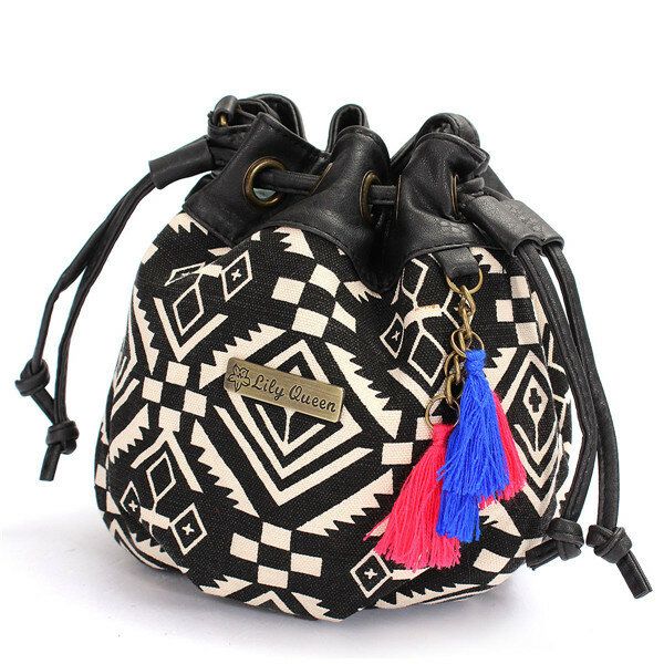 Bolsos De Cubo De Lona De Bohemia Para Mujer Bolsos De Bandolera Con Cordón Bolsos De Hombro