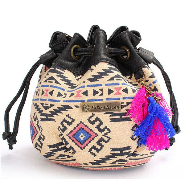 Bolsos De Cubo De Lona De Bohemia Para Mujer Bolsos De Bandolera Con Cordón Bolsos De Hombro