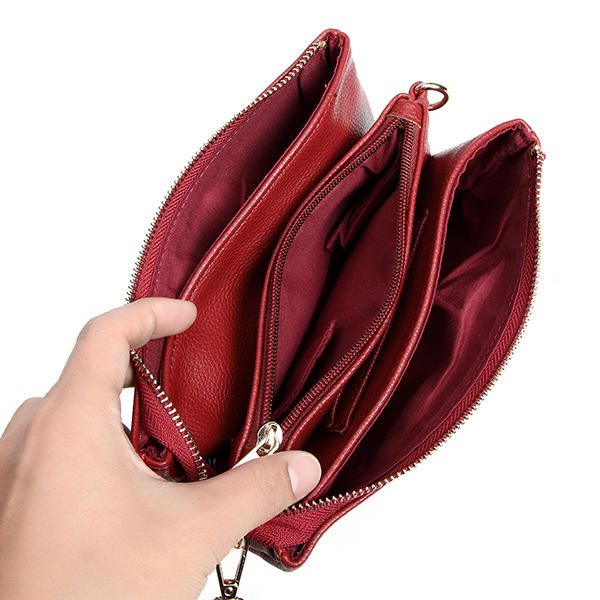 Bolsos De Hombro De Color Puro De Cuero Genuino De Tres Capas Bolsos Cruzados Bolso De Embrague Para Teléfono