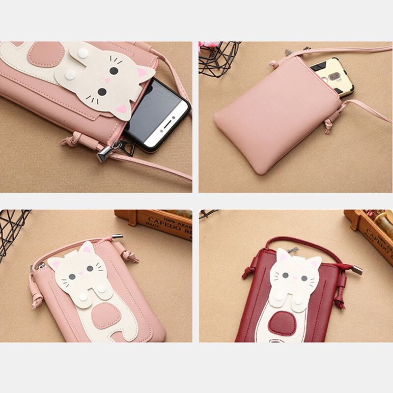 Cuero De Imitación Para Mujer Patrón De Gatito De Gato Súper Lindo Bolso De Teléfono De 6.3 Pulgadas Bolso Pequeño De Almacenamiento Bolso Bandolera