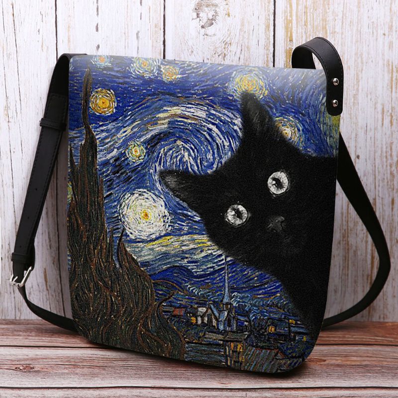 Las Mujeres Sintieron Lindo Patrón De Gato De Dibujos Animados Casual Con Pinturas De Galaxias De La Noche Estrellada Bolso Bandolera