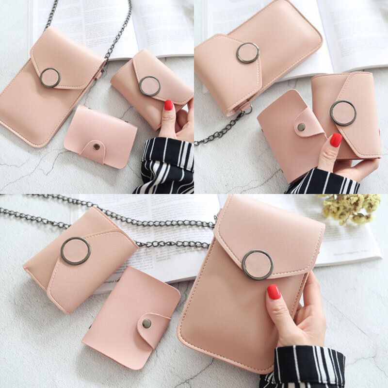 Mujeres Casual 3pcs Pantalla Táctil 6.3 Pulgadas Bolso Bandolera De Teléfono Con Cadena Sólida