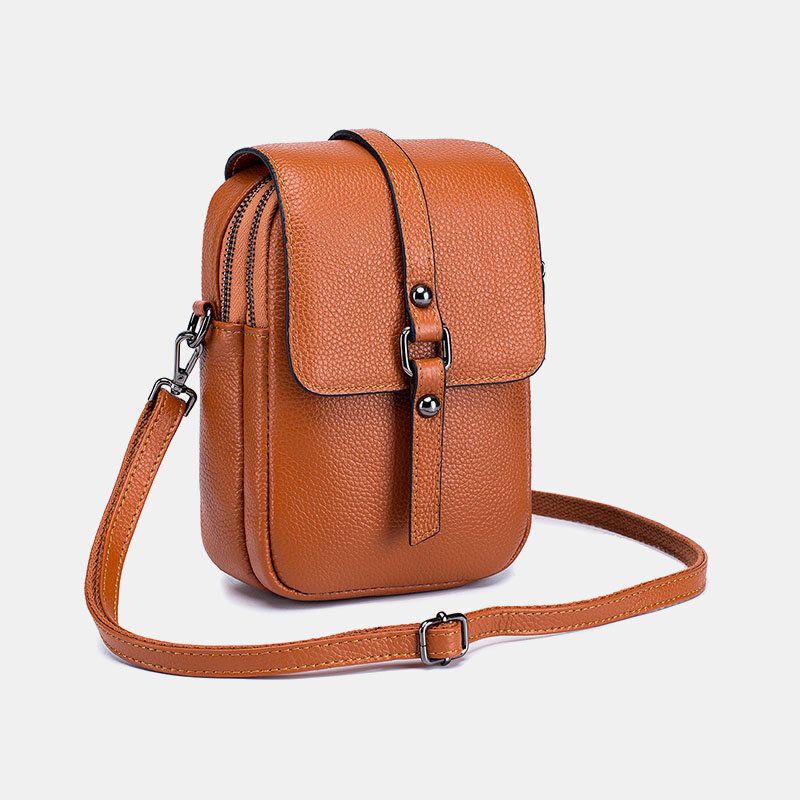 Mujeres De Cuero Genuino Casual Retro Multicapas Agujero Para Auriculares 6.5 Pulgadas Bolsa De Teléfono Bolso Bandolera