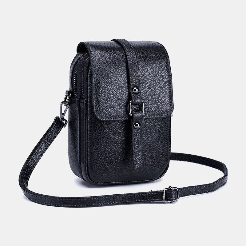 Mujeres De Cuero Genuino Casual Retro Multicapas Agujero Para Auriculares 6.5 Pulgadas Bolsa De Teléfono Bolso Bandolera