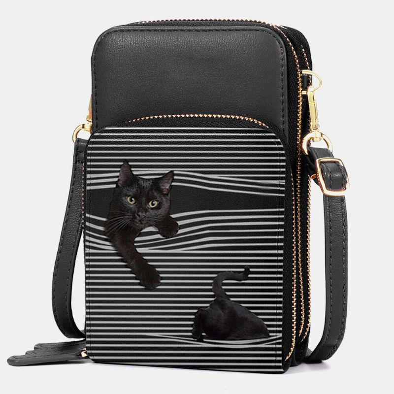 Mujeres De Cuero De Imitación Casual Lindo Gato Negro Y Patrón De Rayas Bolso Bandolera Ajustable Bolso Bandolera