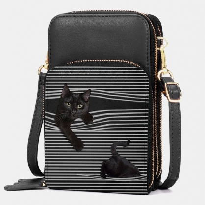 Mujeres De Cuero De Imitación Casual Lindo Gato Negro Y Patrón De Rayas Bolso Bandolera Ajustable Bolso Bandolera