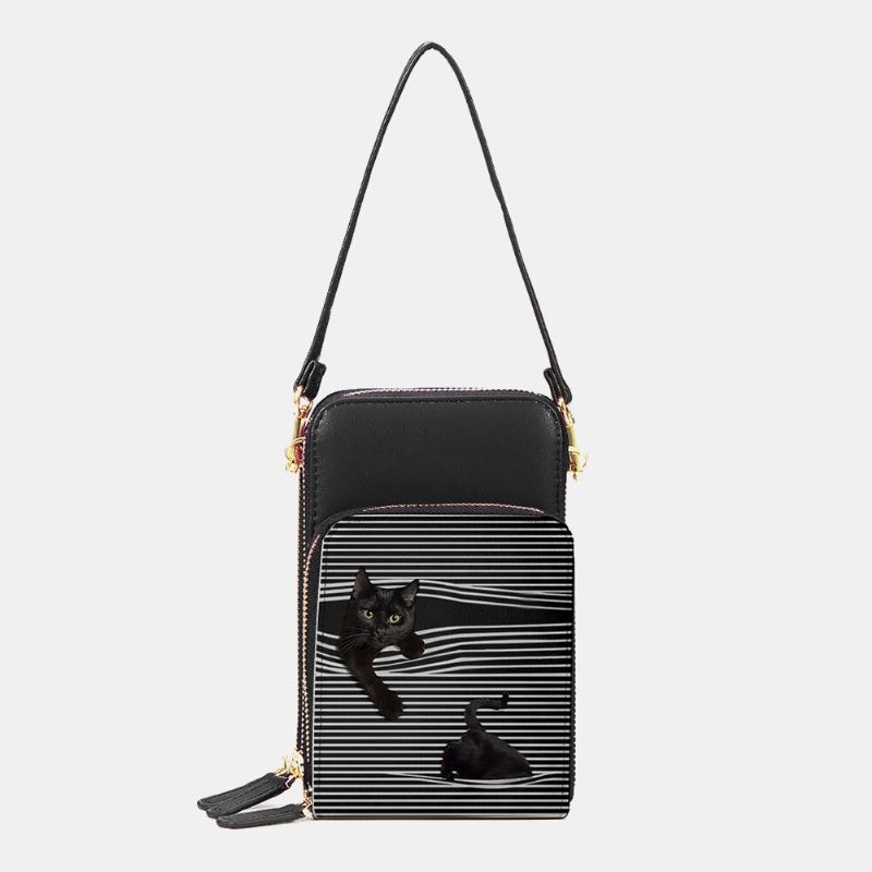 Mujeres De Cuero De Imitación Casual Lindo Gato Negro Y Patrón De Rayas Bolso Bandolera Ajustable Bolso Bandolera