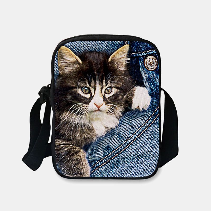 Mujeres Denim 3d Animal Tridihombreional Dibujos Animados Creativos Impresión Linda Gato Casual Bolsa De Teléfono Bolso De Cintura Bolso Bandolera