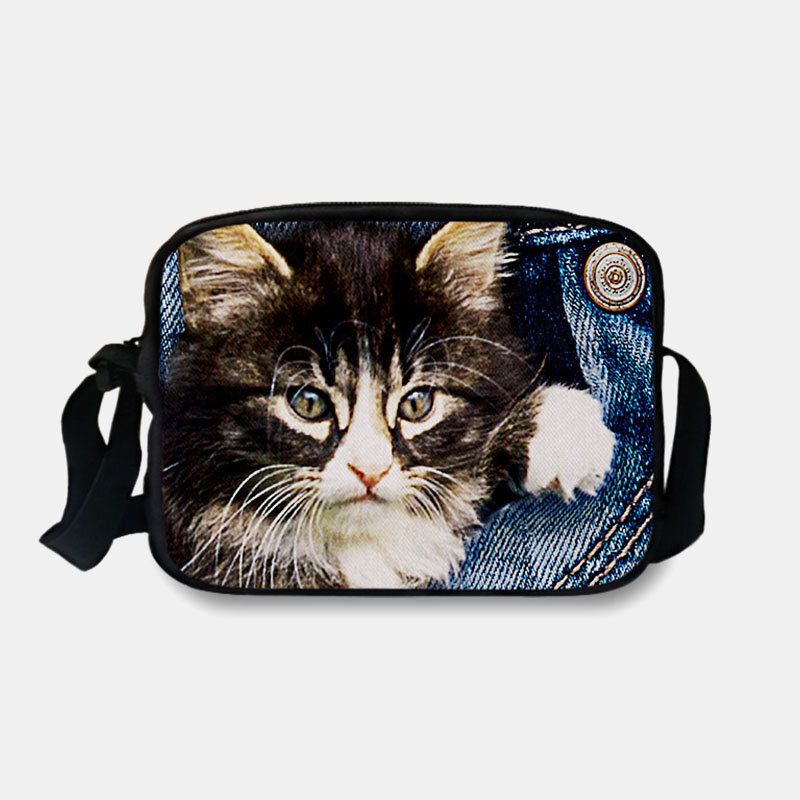 Mujeres Denim 3d Animal Tridihombreional Dibujos Animados Creativos Impresión Linda Gato Casual Bolsa De Teléfono Bolso De Cintura Bolso Bandolera