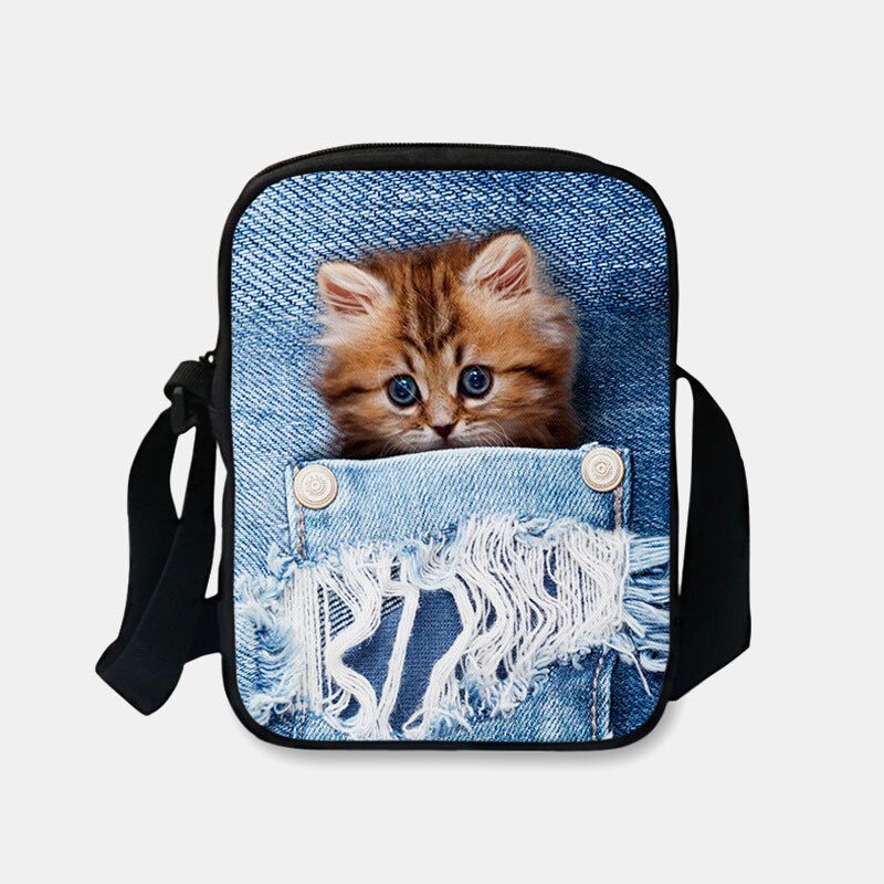 Mujeres Denim 3d Animal Tridihombreional Dibujos Animados Creativos Impresión Linda Gato Casual Bolsa De Teléfono Bolso De Cintura Bolso Bandolera