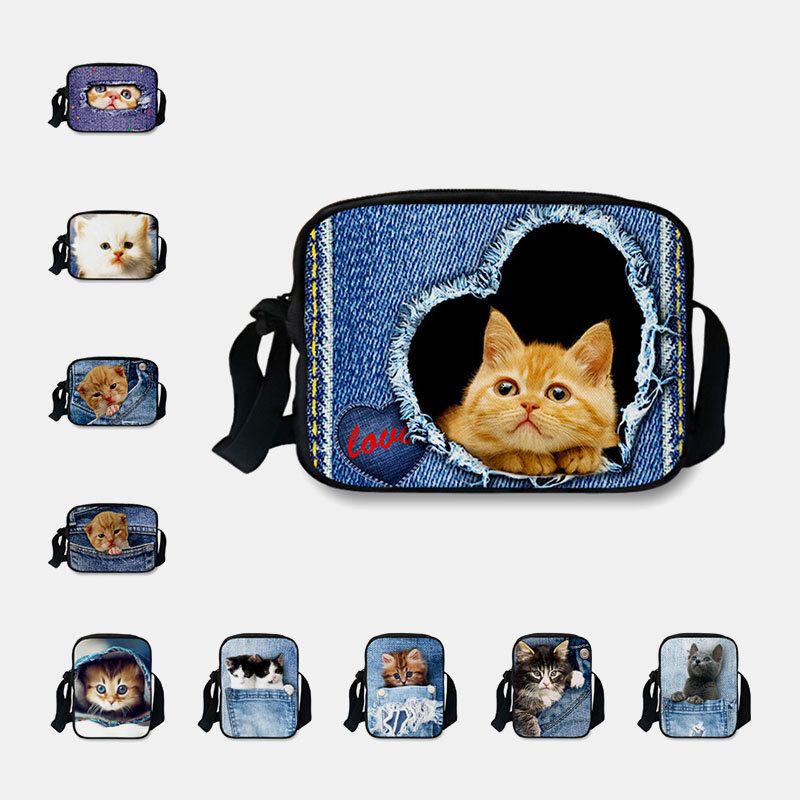 Mujeres Denim 3d Animal Tridihombreional Dibujos Animados Creativos Impresión Linda Gato Casual Bolsa De Teléfono Bolso De Cintura Bolso Bandolera