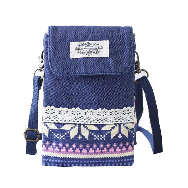 Mujeres Denim Tres Capas Intermedias Estampado De Flores Mini Bolsos De Hombro Bolsos Cruzados De Encaje Bolso De Teléfono De 6.0 Pulgada