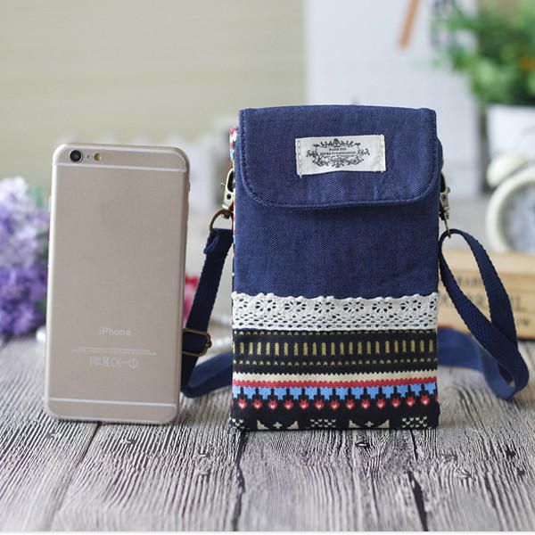 Mujeres Denim Tres Capas Intermedias Estampado De Flores Mini Bolsos De Hombro Bolsos Cruzados De Encaje Bolso De Teléfono De 6.0 Pulgada