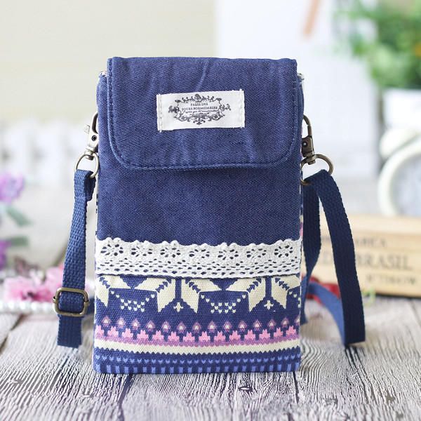 Mujeres Denim Tres Capas Intermedias Estampado De Flores Mini Bolsos De Hombro Bolsos Cruzados De Encaje Bolso De Teléfono De 6.0 Pulgada