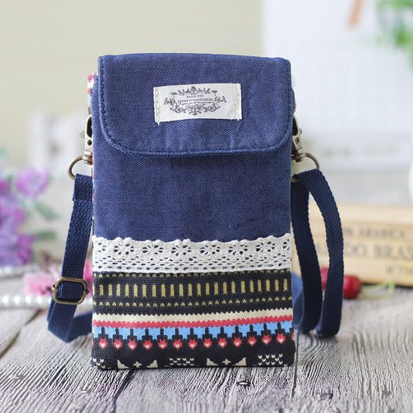 Mujeres Denim Tres Capas Intermedias Estampado De Flores Mini Bolsos De Hombro Bolsos Cruzados De Encaje Bolso De Teléfono De 6.0 Pulgada