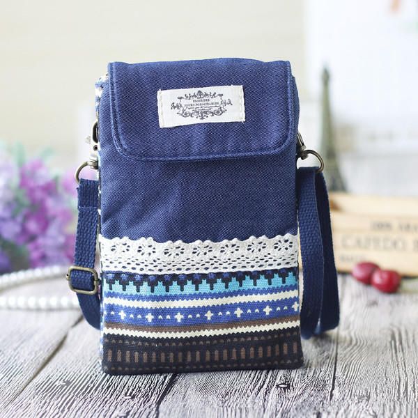 Mujeres Denim Tres Capas Intermedias Estampado De Flores Mini Bolsos De Hombro Bolsos Cruzados De Encaje Bolso De Teléfono De 6.0 Pulgada