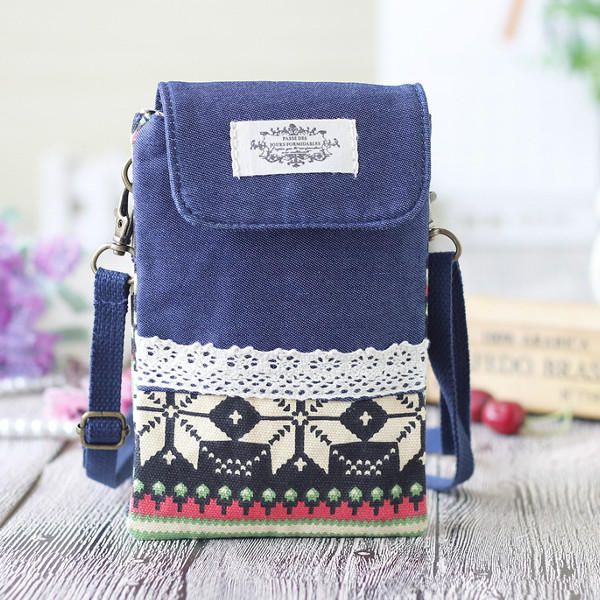 Mujeres Denim Tres Capas Intermedias Estampado De Flores Mini Bolsos De Hombro Bolsos Cruzados De Encaje Bolso De Teléfono De 6.0 Pulgada