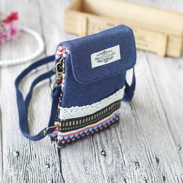 Mujeres Denim Tres Capas Intermedias Estampado De Flores Mini Bolsos De Hombro Bolsos Cruzados De Encaje Bolso De Teléfono De 6.0 Pulgada