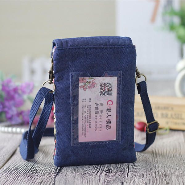 Mujeres Denim Tres Capas Intermedias Estampado De Flores Mini Bolsos De Hombro Bolsos Cruzados De Encaje Bolso De Teléfono De 6.0 Pulgada