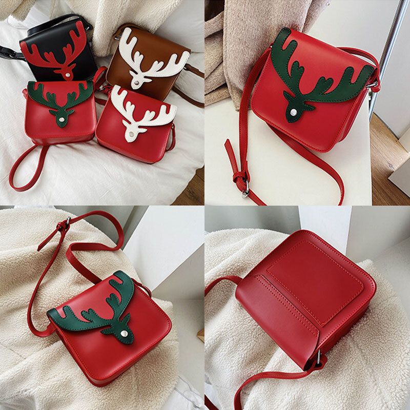 Mujeres Faux Leather Contrast Color Christmas Elk Pattern Bolso Cuadrado Pequeño Bolso Bandolera Bolso Bandolera