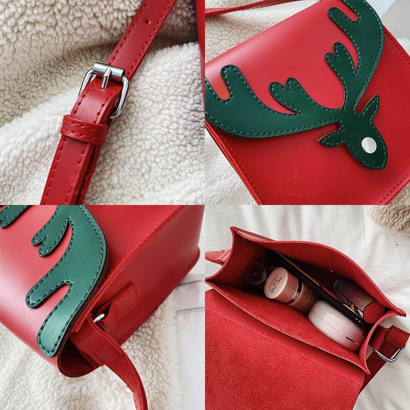 Mujeres Faux Leather Contrast Color Christmas Elk Pattern Bolso Cuadrado Pequeño Bolso Bandolera Bolso Bandolera