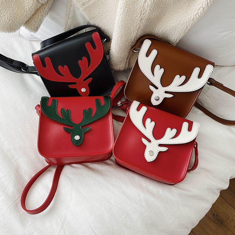 Mujeres Faux Leather Contrast Color Christmas Elk Pattern Bolso Cuadrado Pequeño Bolso Bandolera Bolso Bandolera