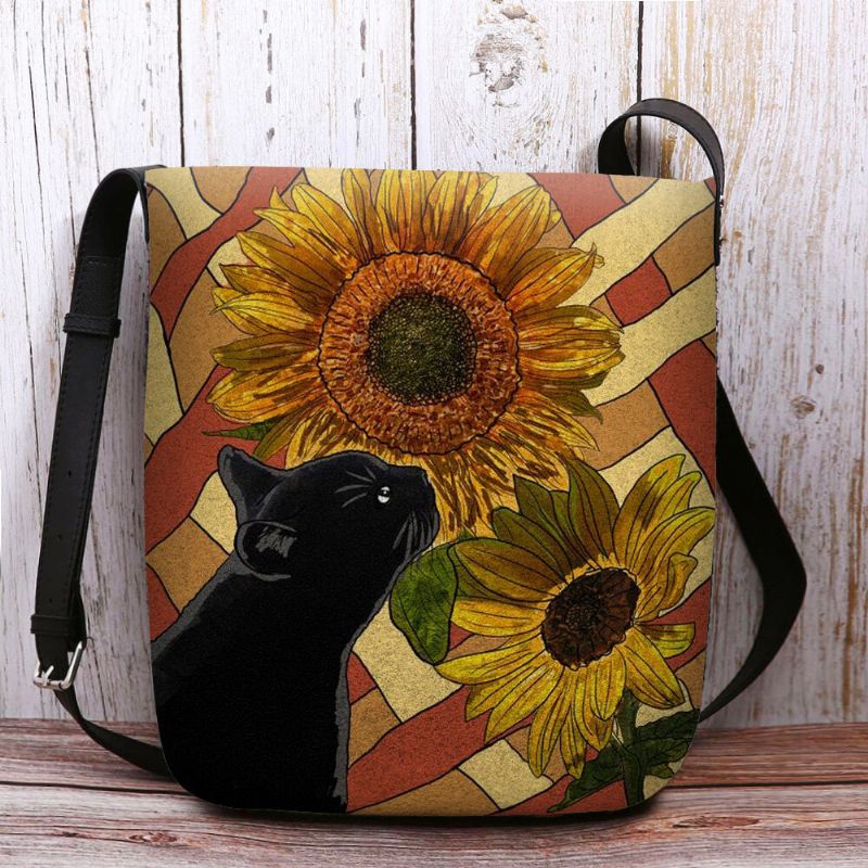 Mujeres Felt Cat And Sunflowers Pattern Printing Country Style Bolso Bandolera Bolso Bandolera