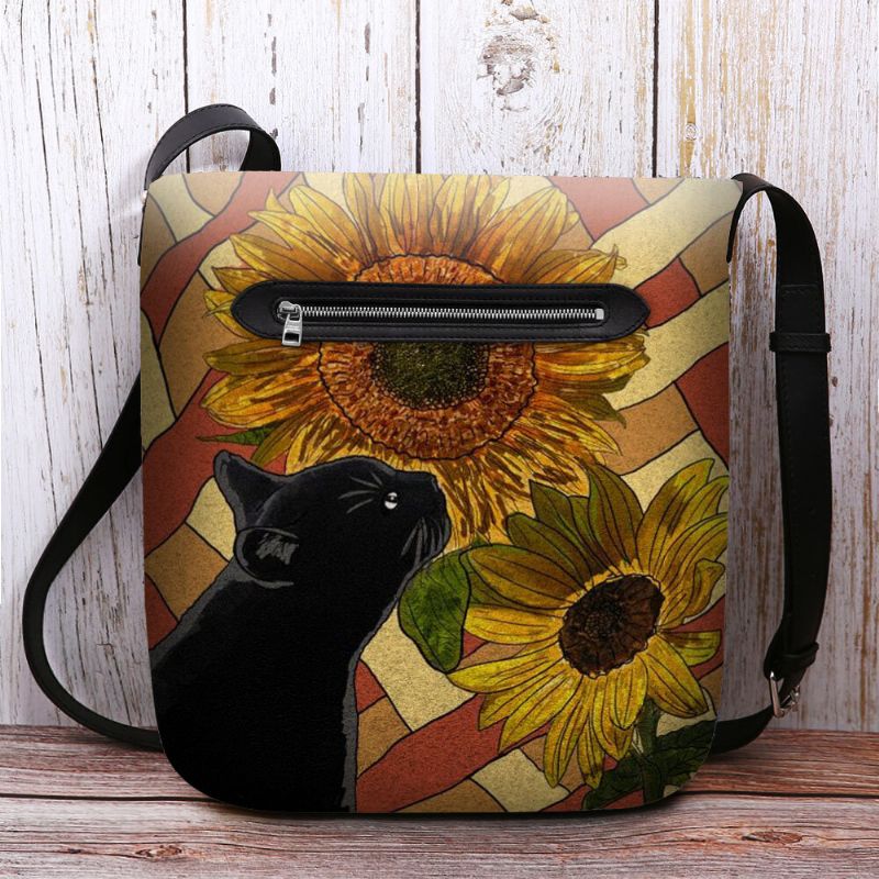 Mujeres Felt Cat And Sunflowers Pattern Printing Country Style Bolso Bandolera Bolso Bandolera