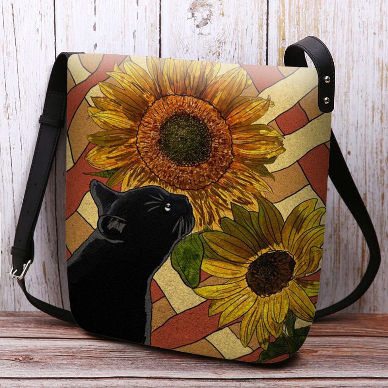 Mujeres Felt Cat And Sunflowers Pattern Printing Country Style Bolso Bandolera Bolso Bandolera